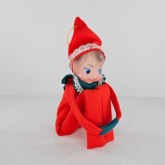 Vintage Knee Hugger Elf Pixie Rubber Face Felt Christmas Ornament Decor - Picture 2 of 8